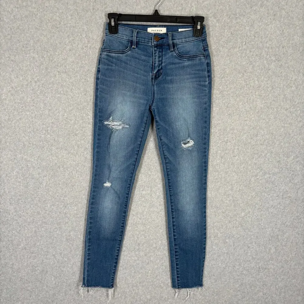Pacsun Jeans 25 Super Power Stretch Ankle Raw Frayed Hem Holes Whiskers Jegging